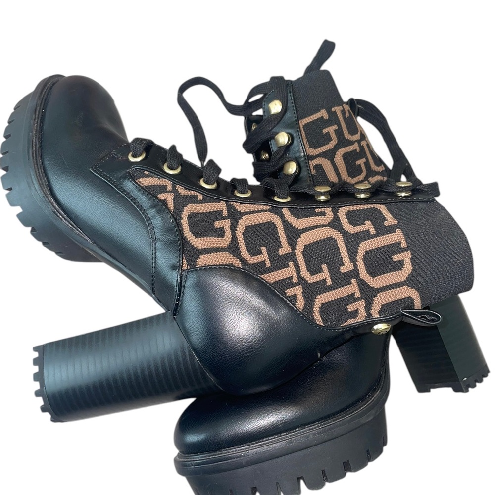 Women’s Guess Block Heel Knit Logo Lace Up Boots Size 6